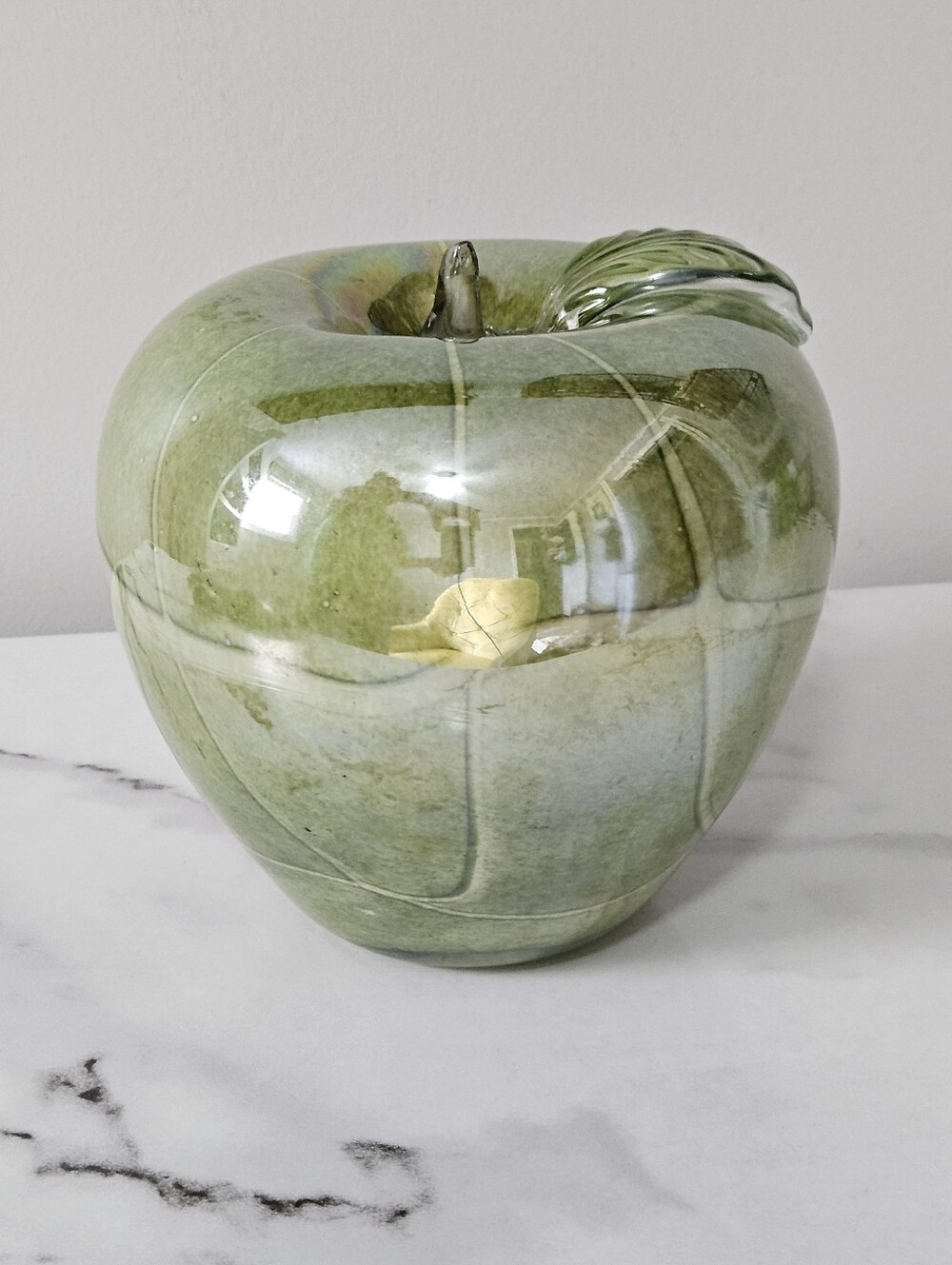 Large Hand-Blown Green Glass Apple Sculpture (6" Tall)